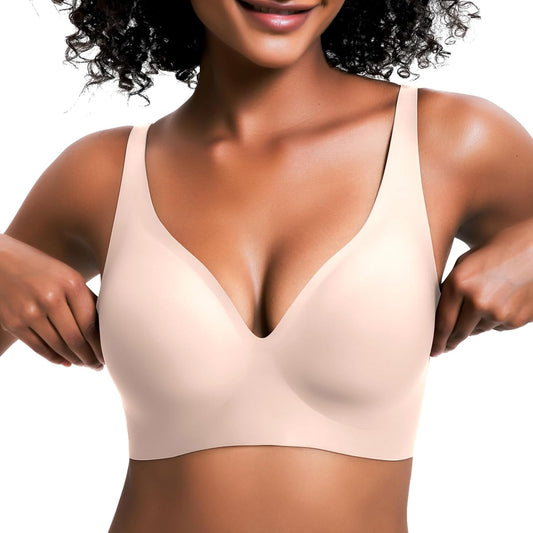 Jelly Wireless Bra for Women, Push up Seamless T-Shirt Bras, Comfortable Plunge No Underwire Bra with Adjustable Straps
